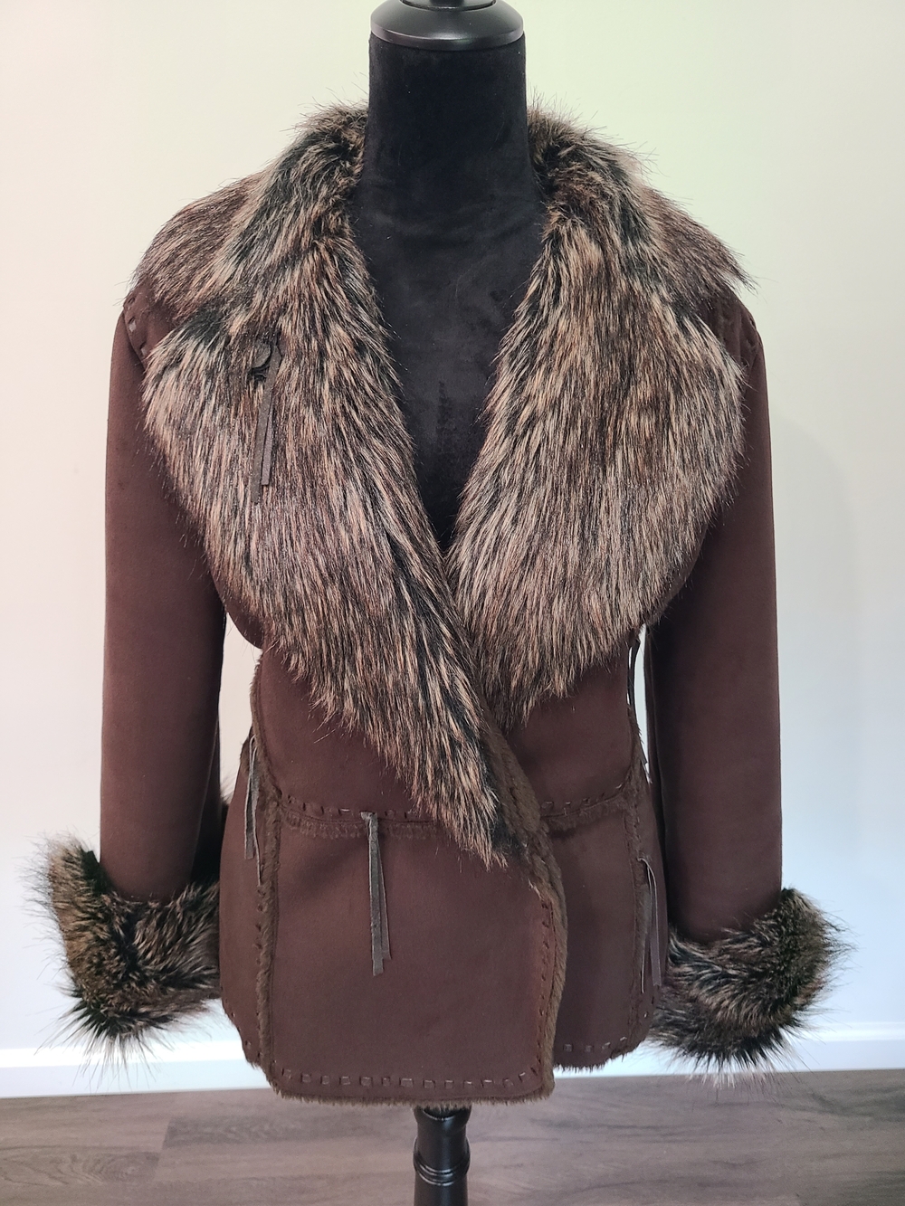 Y2K Penny Lane Style Brown Faux Fur Trim Shearling Jacket